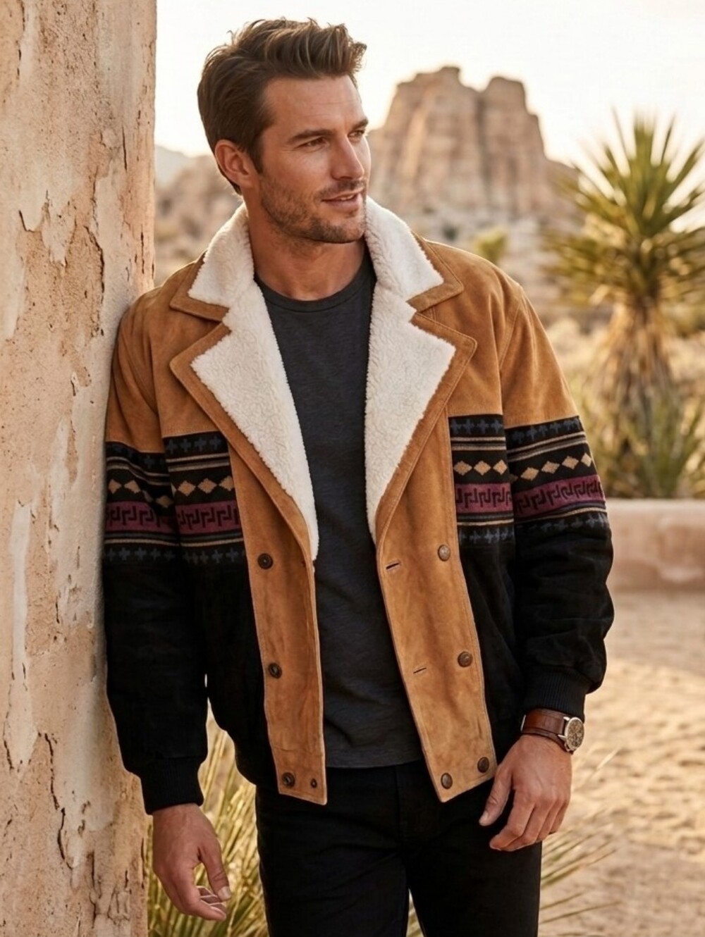 ​Vintage Leather Men’s Aztec Suede Shearling Lined Jacket Brown Black Large